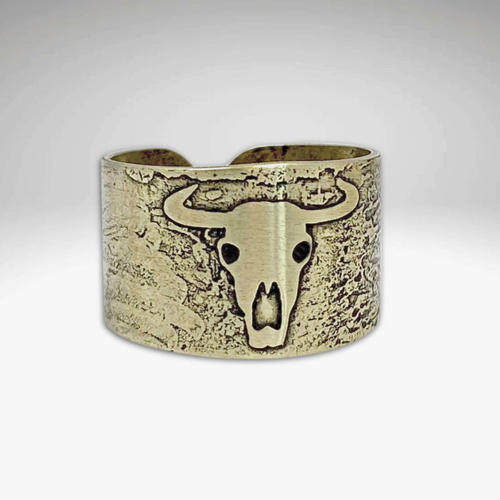 Skull Adjustable Ring featuring a bold bison skull design in solid brass with sterling silver finish.
