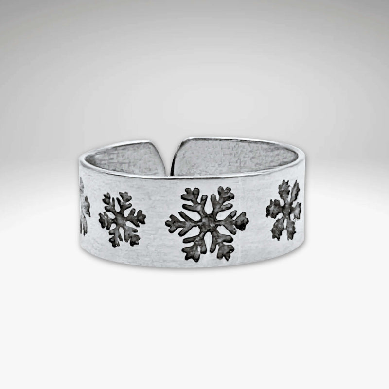 Snowfall Adjustable Ring featuring unique etched snowflakes in Matte Silver finish.