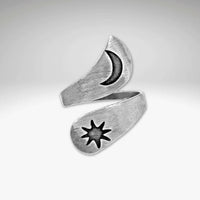 Solar Adjustable Ring featuring a sun and crescent moon design in matte silver finish.