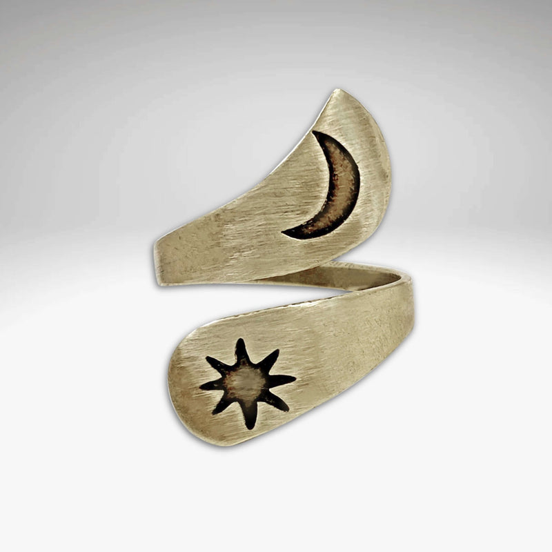 Solar Adjustable Ring featuring crescent moon and sun design in matte silver finish.