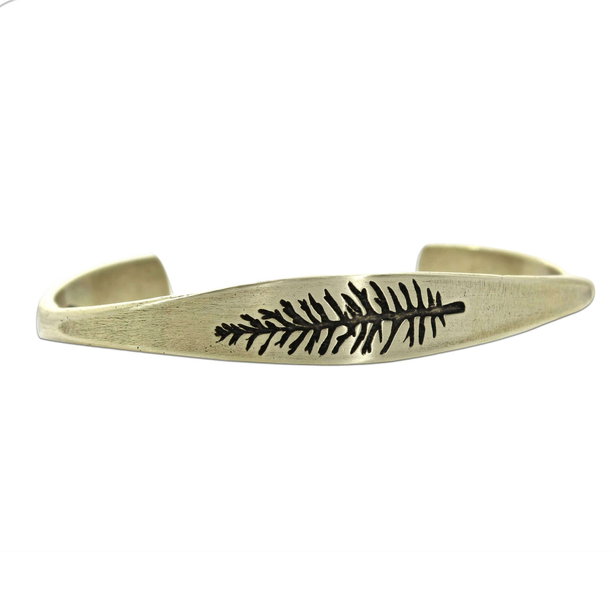 Spruce Signet Cuff Bracelet featuring a detailed spruce outline etching, perfect for adding a touch of nature.