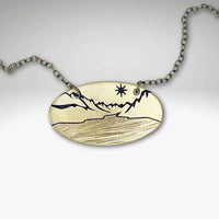 St. Mary Lake in Glacier Necklace featuring intricate landscape design in Antique Brass finish.