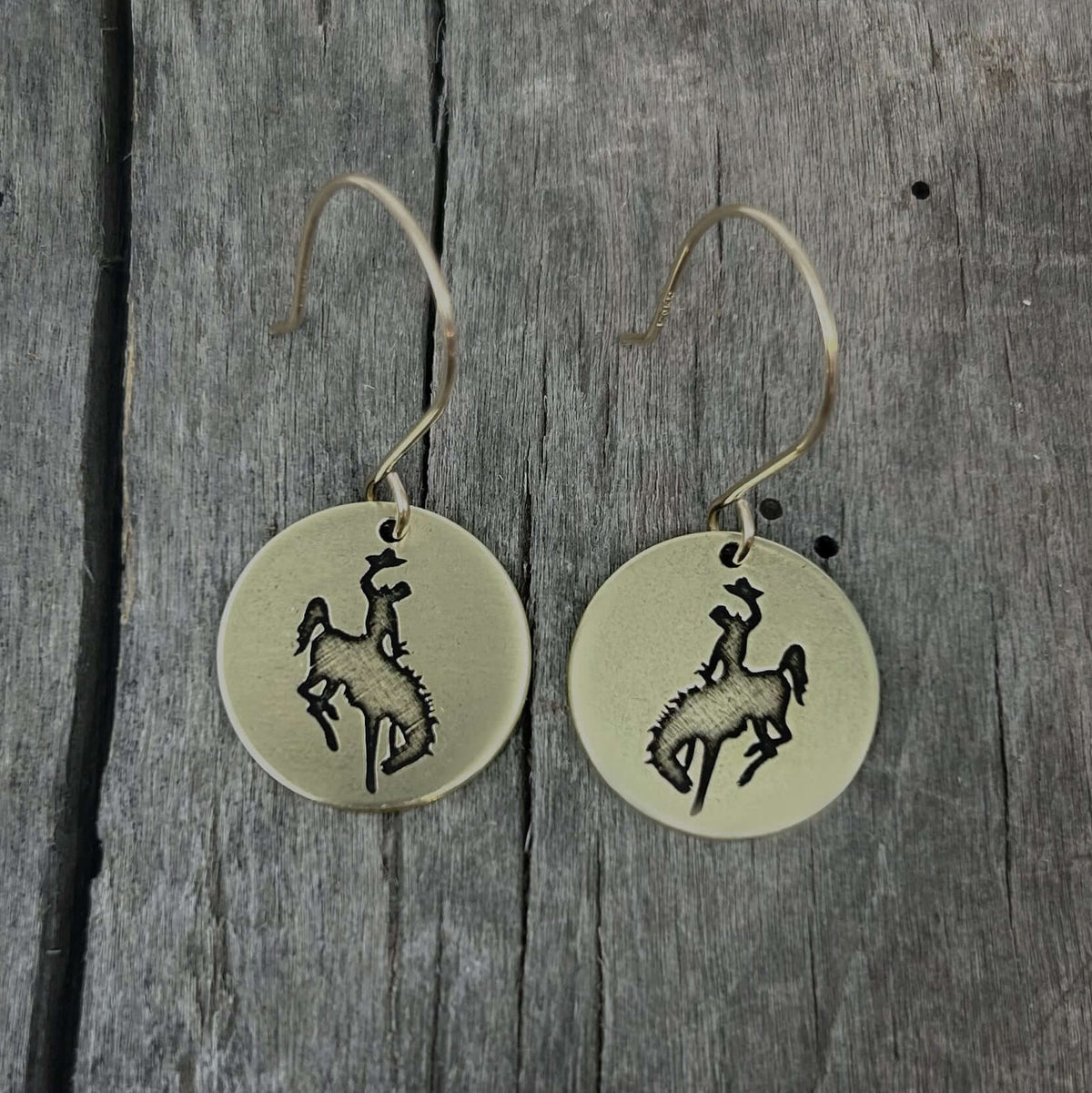 Steamboat Earrings featuring a bucking bronco design etched on matte silver round disks.