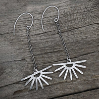 Sunbeam Earrings showcasing delicate sun ray design with chains, radiant and lightweight accessory for any occasion.