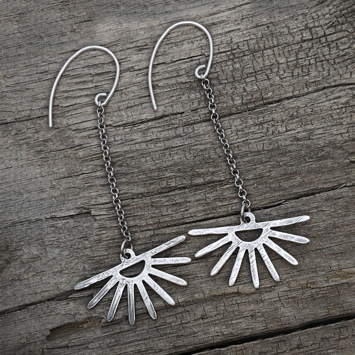 Sunbeam Earrings showcasing delicate sun ray design with chains, radiant and lightweight accessory for any occasion.