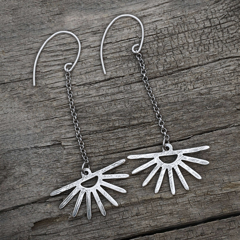 Sunbeam Earrings showcasing delicate sun ray design with chains, radiant and lightweight accessory for any occasion.