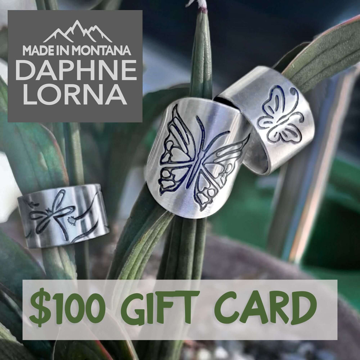 The dL Gift Card $100 featuring butterfly designs, perfect for any occasion and made in Montana.
