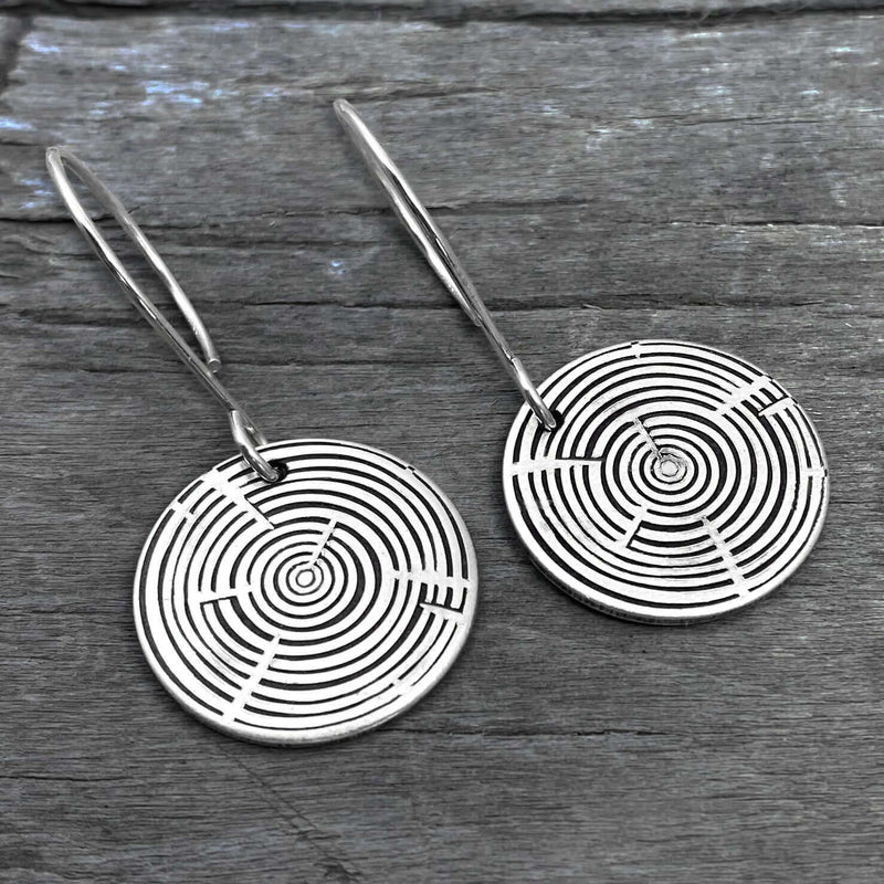 Timber Earrings- Tree Rings featuring etched silver discs with a unique tree ring design.