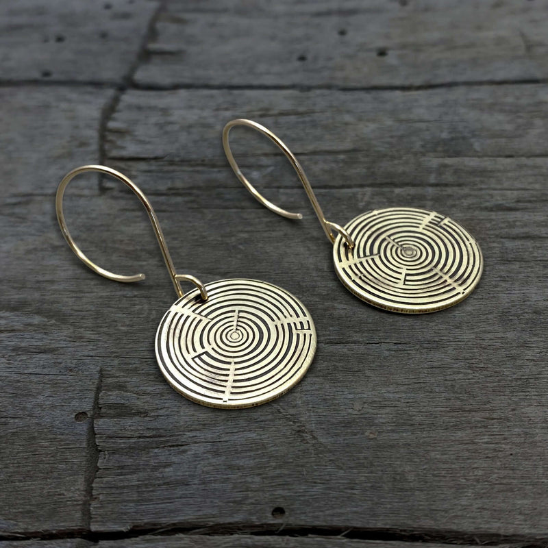 Timber Earrings- Tree Rings featuring intricate tree ring designs in gold, perfect for nature lovers.