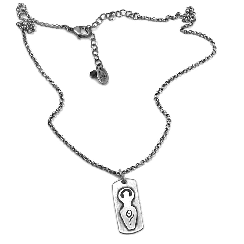 Triple Goddess Necklace on an 18” adjustable rolo chain with etched goddess figure and moon phases.