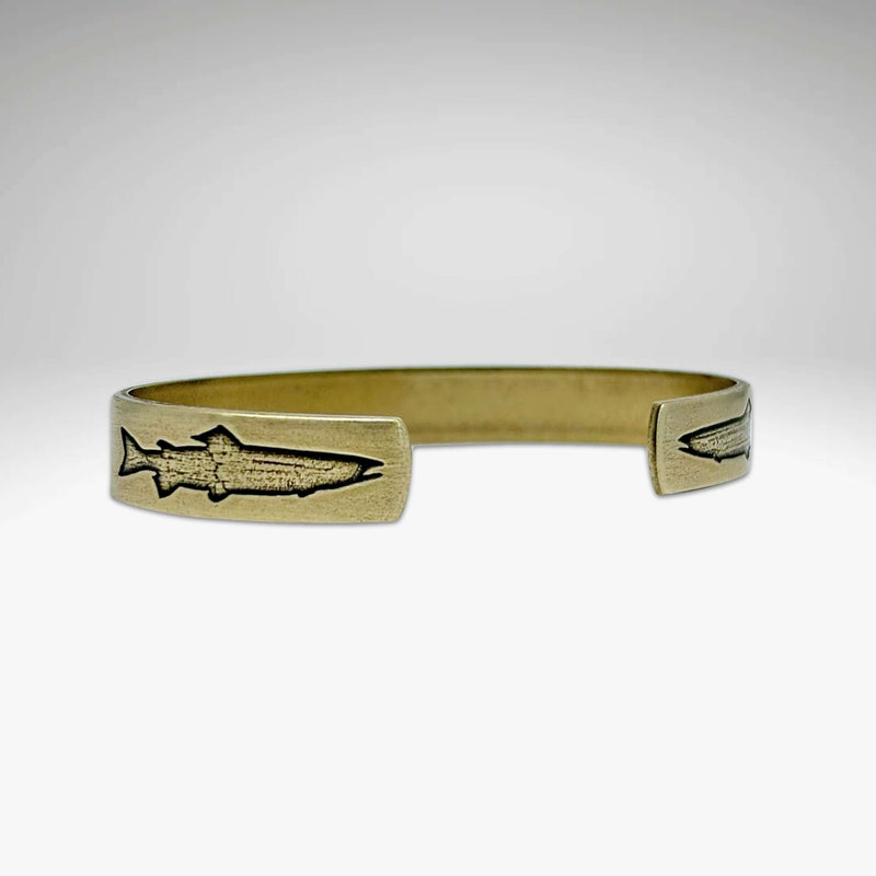 Trout on Tips Cuff Bracelet featuring a detailed trout design, handmade and adjustable for men and women.