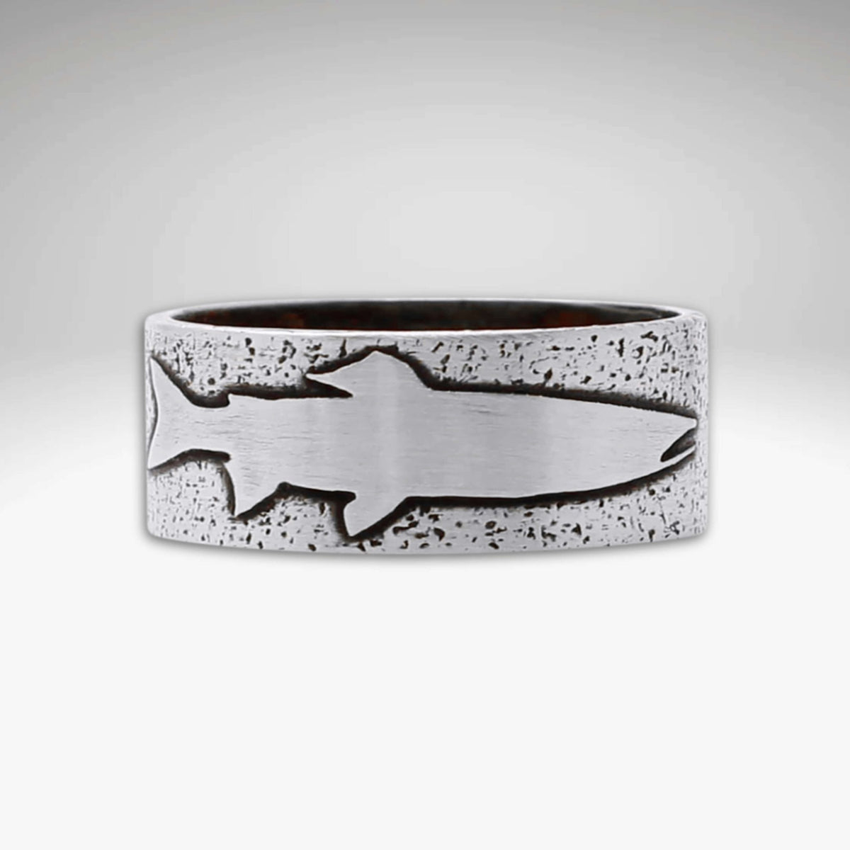 Handmade Trout Ring in matte silver finish featuring an etched trout design, perfect for fishing enthusiasts.