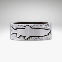 Handmade Trout Ring in matte silver finish featuring an etched trout design, perfect for fishing enthusiasts.