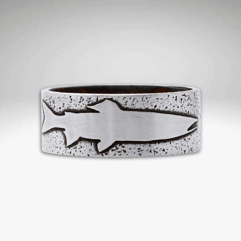Handmade Trout Ring in matte silver finish featuring an etched trout design, perfect for fishing enthusiasts.