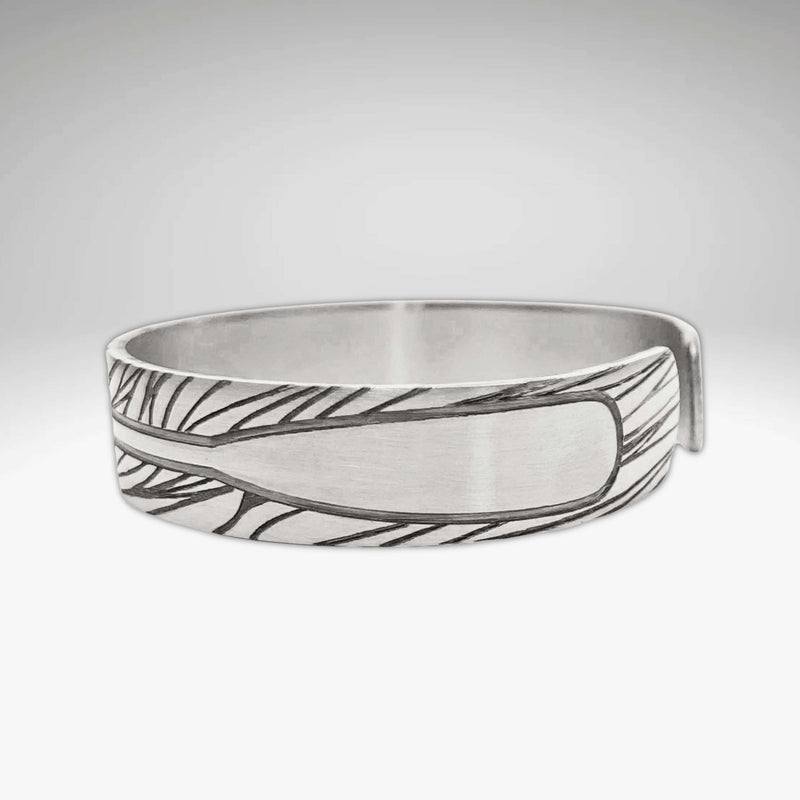 Upstream Cuff Bracelet - Paddle River Rafting Adventure, adjustable cuff bracelet featuring paddle design and wave patterns.