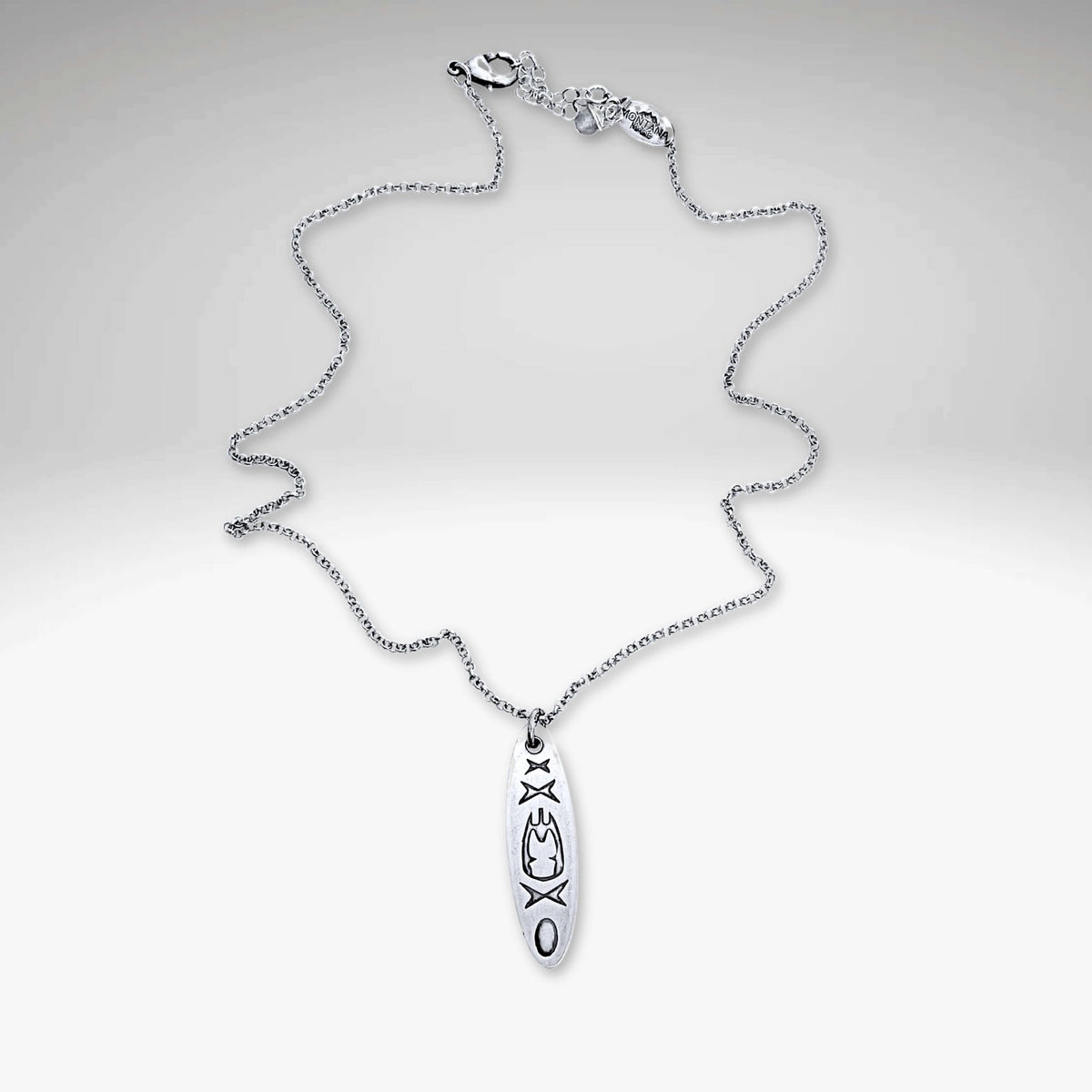 Upstream Necklace featuring a kayak design on a delicate rolo chain, adjustable length for river adventure lovers.