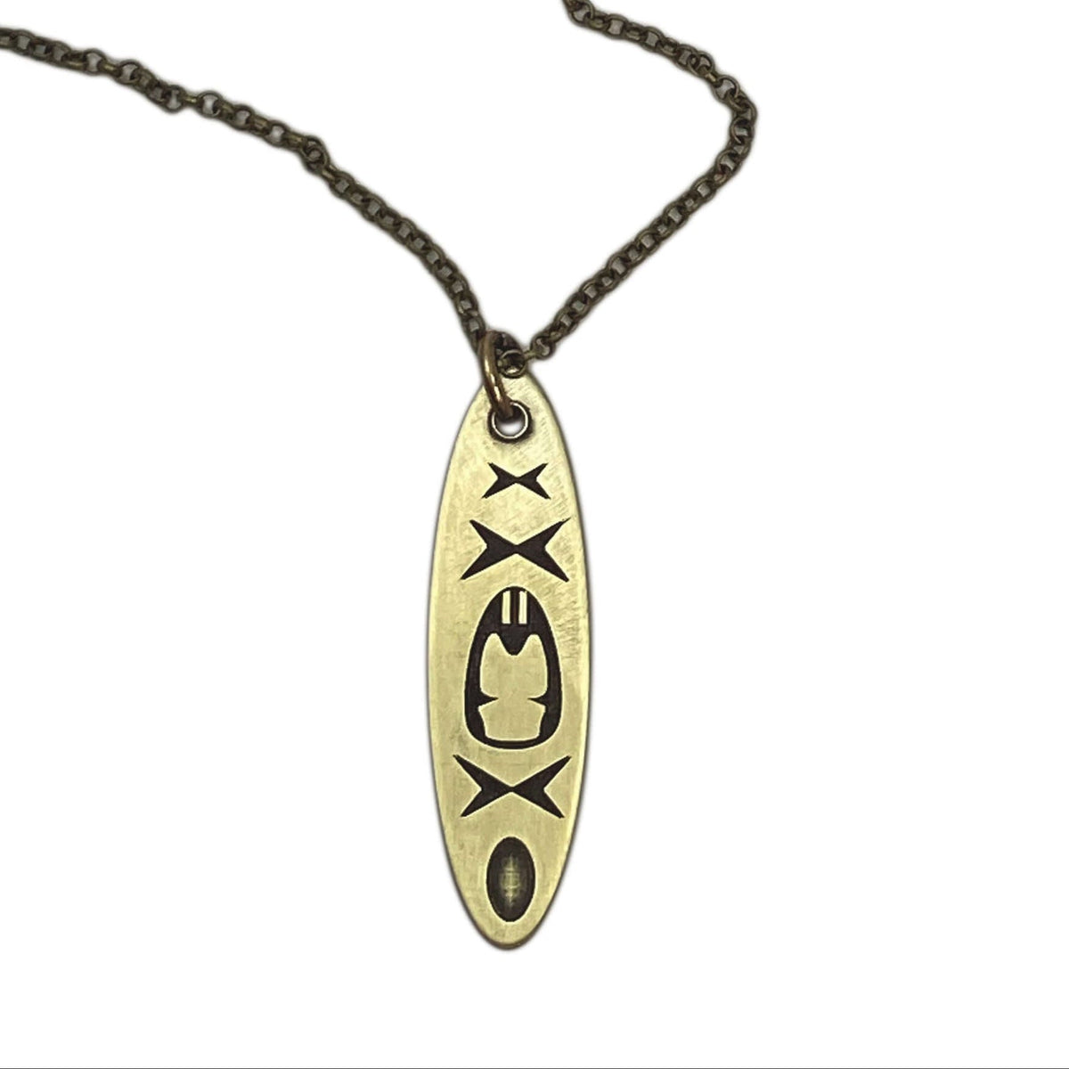 Upstream Necklace depicting a kayak design on a delicate chain, perfect for river adventure lovers.