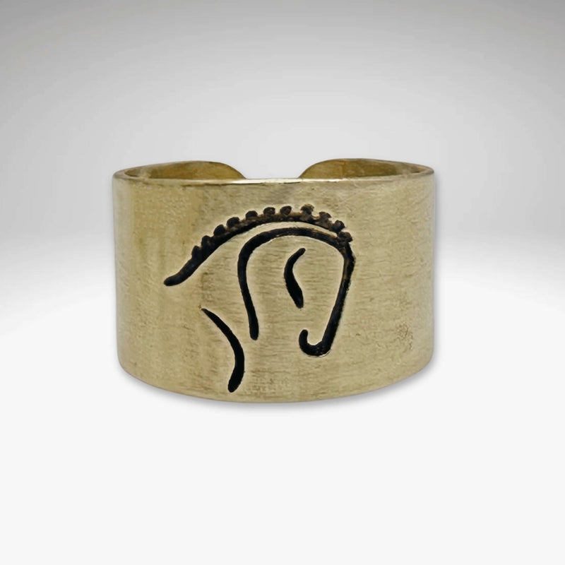 White Horse Adjustable Ring in Antique Brass showcasing a powerful dressage horse silhouette.