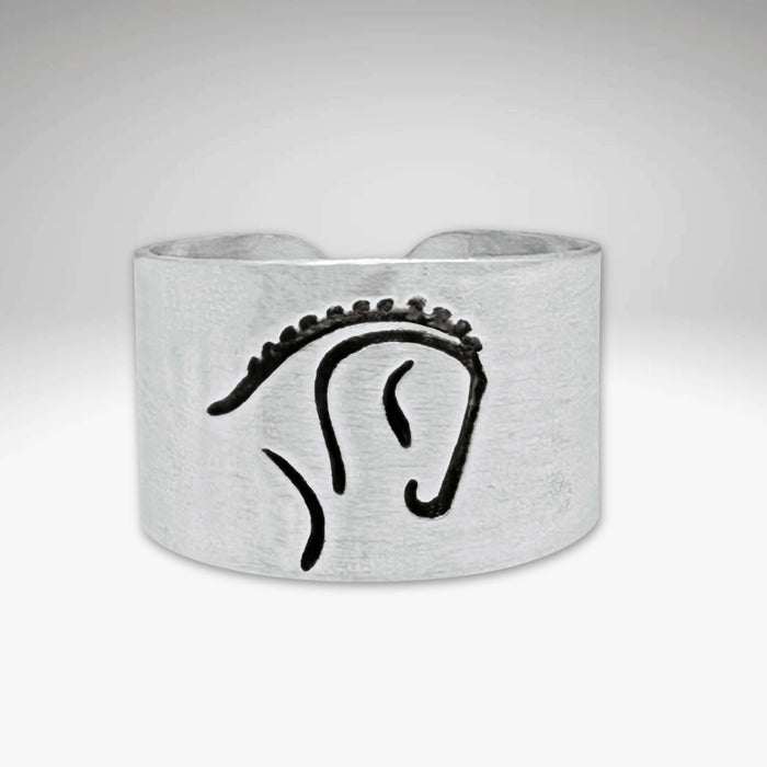 White Horse Adjustable Ring featuring a striking silhouette of a dressage horse in Matte Silver finish.
