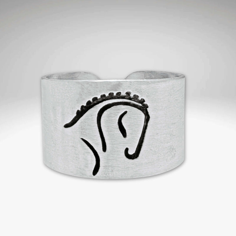 White Horse Adjustable Ring featuring a striking silhouette of a dressage horse in Matte Silver finish.
