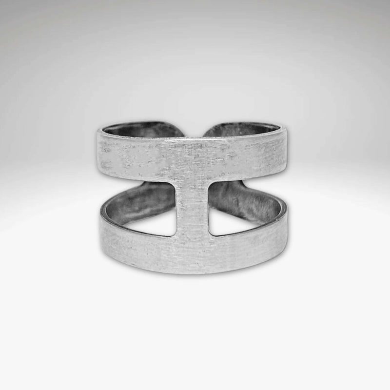 Wide Open Adjustable Ring in Matte Silver finish, unique design perfect for everyday wear and adjustable from sizes 8 to 11.