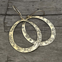 Wide Open Earrings in antique brass finish with textured ovals, perfect for adding elegance to any outfit.