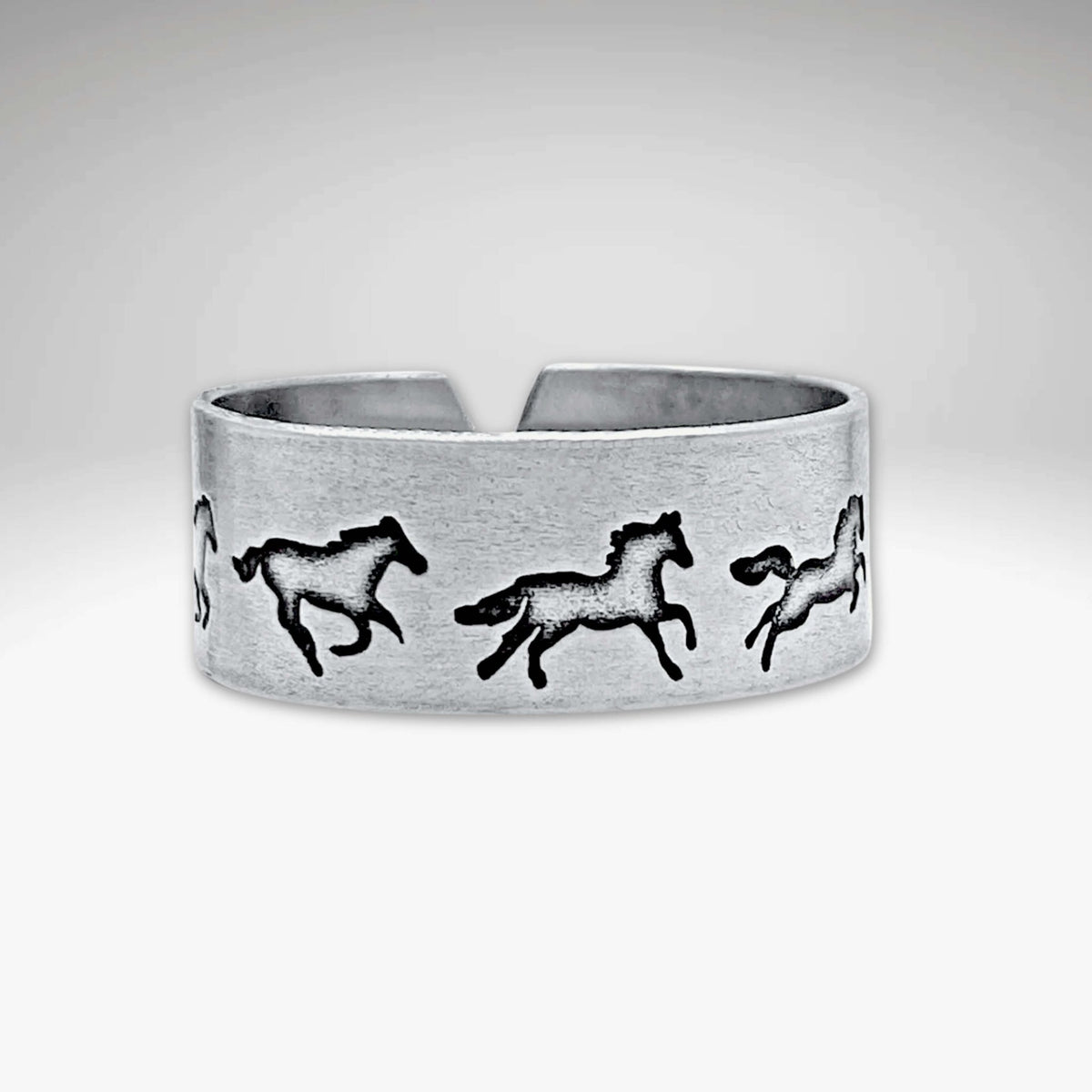 Wild Horses Adjustable Ring featuring galloping mustangs in Matte Silver finish, perfect for horse lovers and unique gifts.