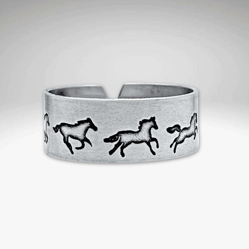 Wild Horses Adjustable Ring featuring galloping mustangs in Matte Silver finish, perfect for horse lovers and unique gifts.