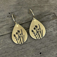 Wildflower Earrings featuring etched designs of Indian Paintbrush and Wild Lupine on a teardrop shape.