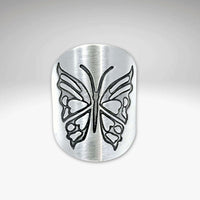 Wings, Butterfly Adjustable Ring in matte silver with intricate butterfly design, handmade in Montana.