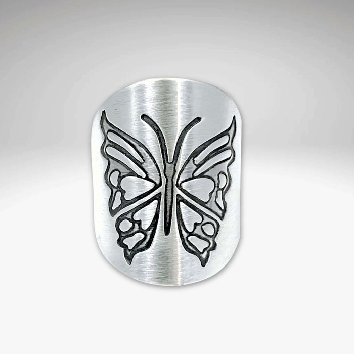 Wings, Butterfly Adjustable Ring in matte silver with intricate butterfly design, handmade in Montana.