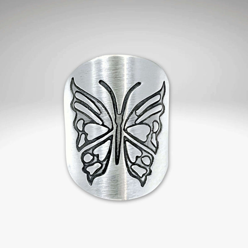 Wings, Butterfly Adjustable Ring in matte silver with intricate butterfly design, handmade in Montana.