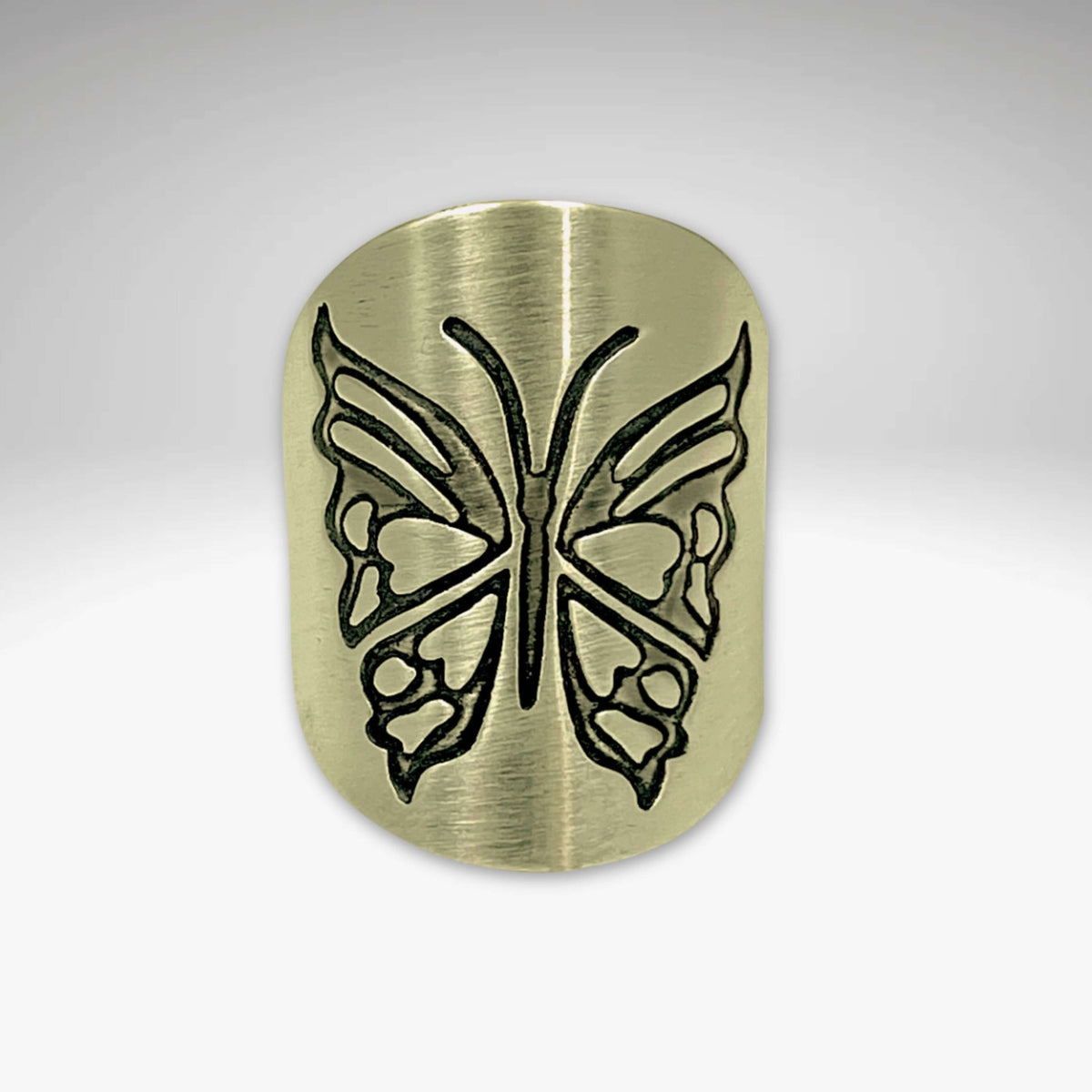 Wings, Butterfly Adjustable Ring in Antique Brass finish showcasing intricate butterfly design, handmade in Montana.