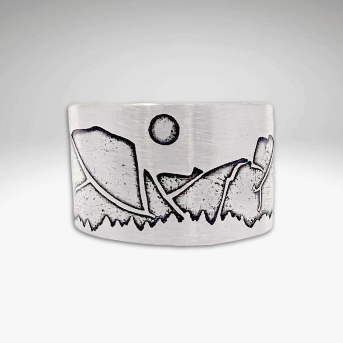 Yosemite Adjustable Ring showcasing iconic mountain landscape and sun design in a sleek silver finish.