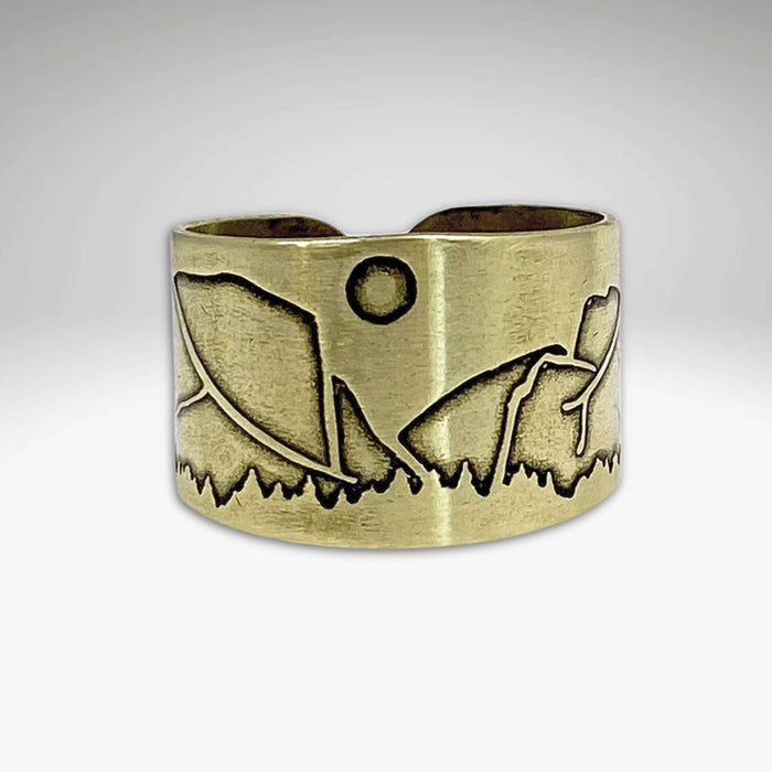 Yosemite Adjustable Ring featuring an intricate mountain design in Antique Brass finish.