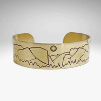 Yosemite Cuff Bracelet showcasing iconic mountain designs inspired by Yosemite National Park, adjustable and custom lengths available.