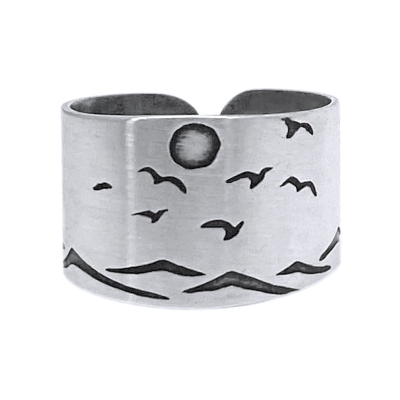 Flyover Adjustable Ring with Mountains, Waves, Full Moon and Birds