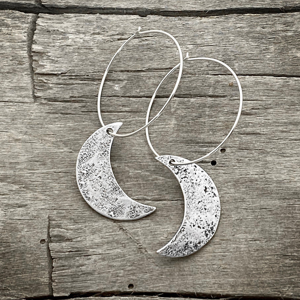 Crescent Moon Hoop Earrings, Matte Silver, daphne lorna