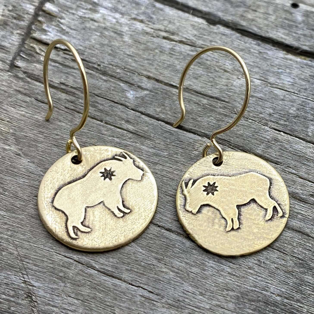 Billy Goat Earrings, Antique Brass, daphne lorna