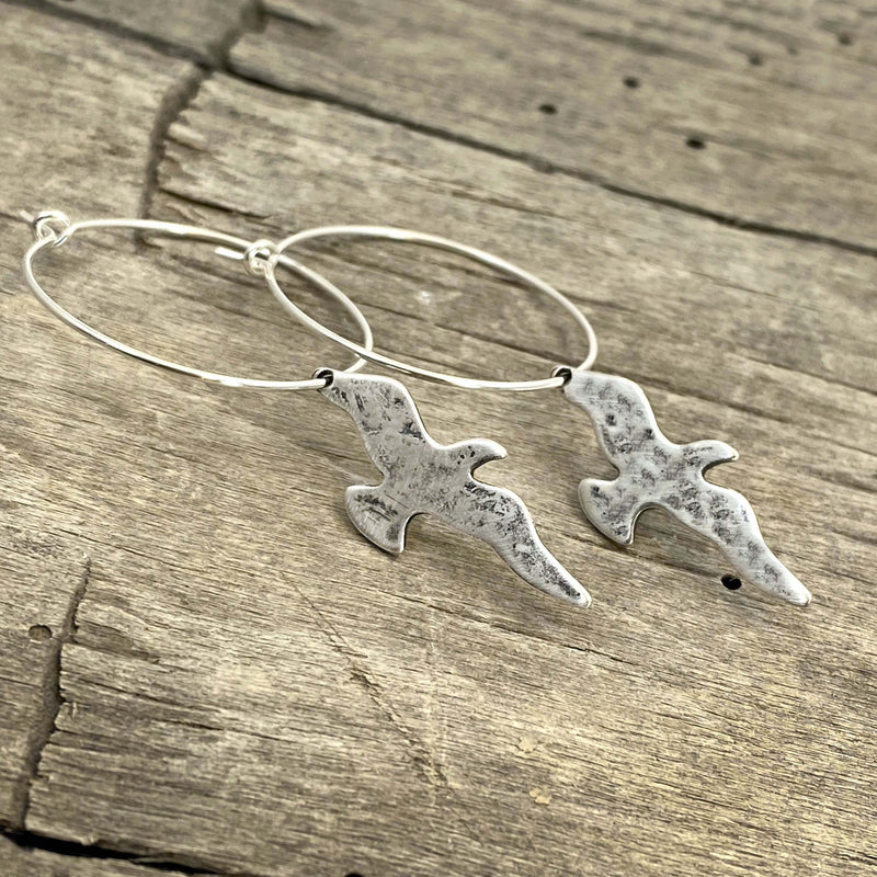 Birds on a Wire Hoop Earrings, Matte Silver, daphne lorna