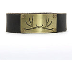 Leather cuff bracelet with antler design in matte silver finish