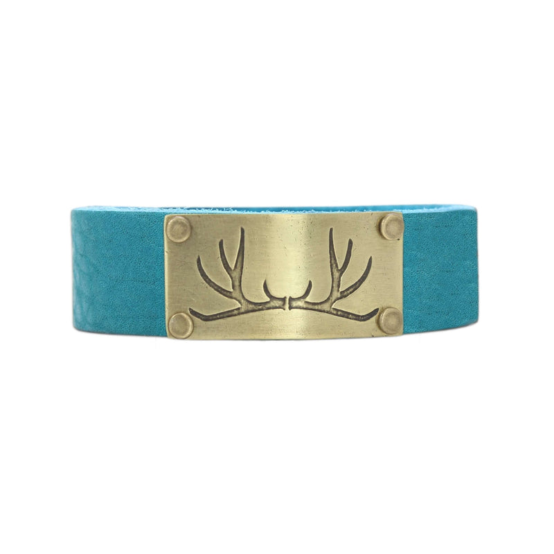 Leather cuff bracelet with antler design in matte silver finish