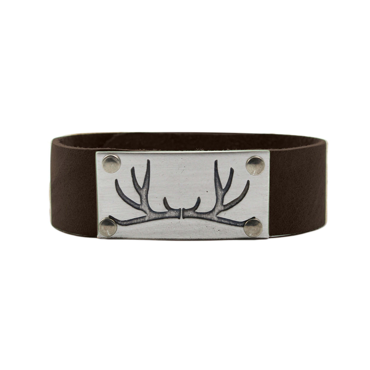 Leather cuff bracelet with antler design in matte silver finish