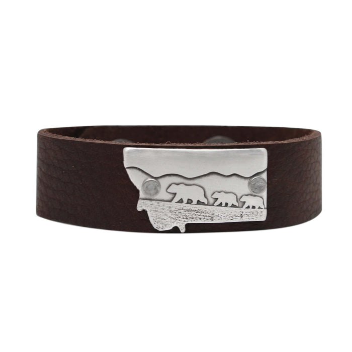 Mama and Cubs in Montana  Leather Cuff Bracelet, Espresso / Matte Silver / Women's, daphne lorna