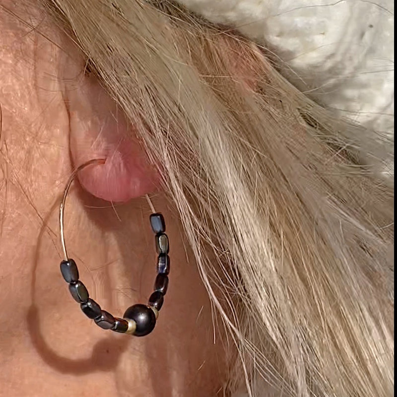 Shun Hematite Beaded Hoop Earrings
