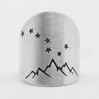 Big Dipper Adjustable Ring showcasing mountain and star design in brushed metal finish