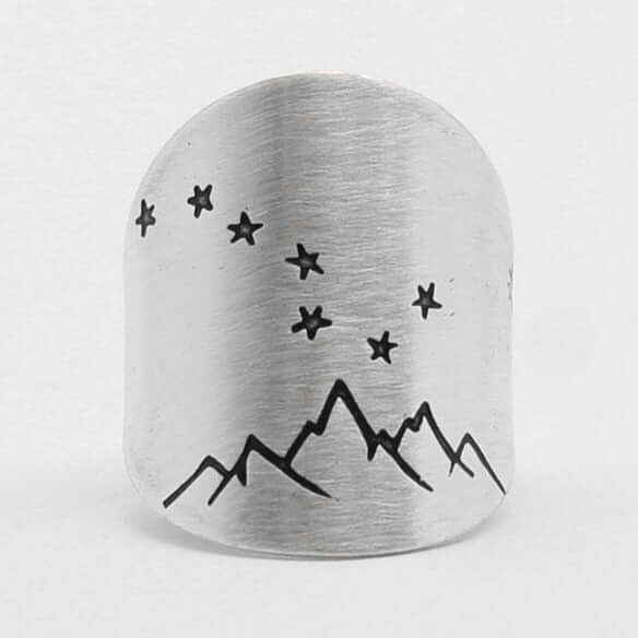 Big Dipper Adjustable Ring showcasing mountain and star design in brushed metal finish