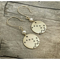 Big Dipper Earrings with etched design and freshwater pearl bead, hanging from gold-filled earwires.