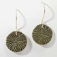 Blossom Earrings featuring a modern design with textured discs in antique brass, perfect for nature lovers.