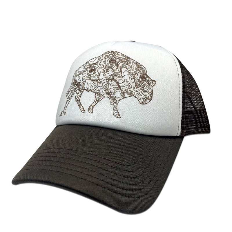 Buff in the Tetons Trucker Hat, Brown and White, daphne lorna